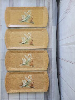 Vintage MCM Coronet Haskelite Lithograph Paper TV Trays w/ Swans, Lot of 4 wood